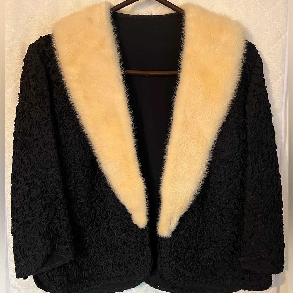 Vintage Black Jacket with Removable White Mink Collar & Ribbon Detailing